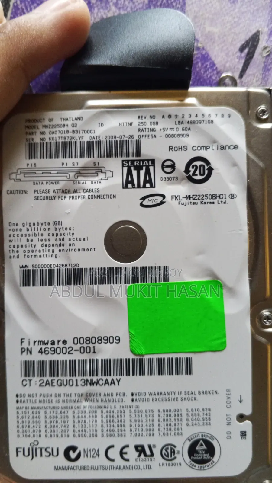 Fujitsu 250GB Laptop SATA Hard Disk (Good Condition)