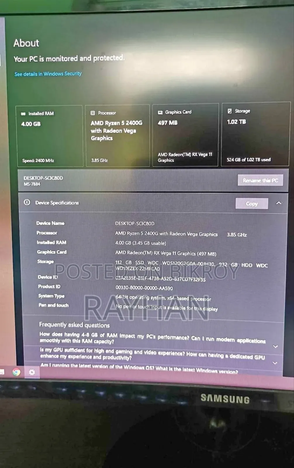 Desktop Computer MSI 4GB AMD Ryzen 5 HDD+SSD 1T