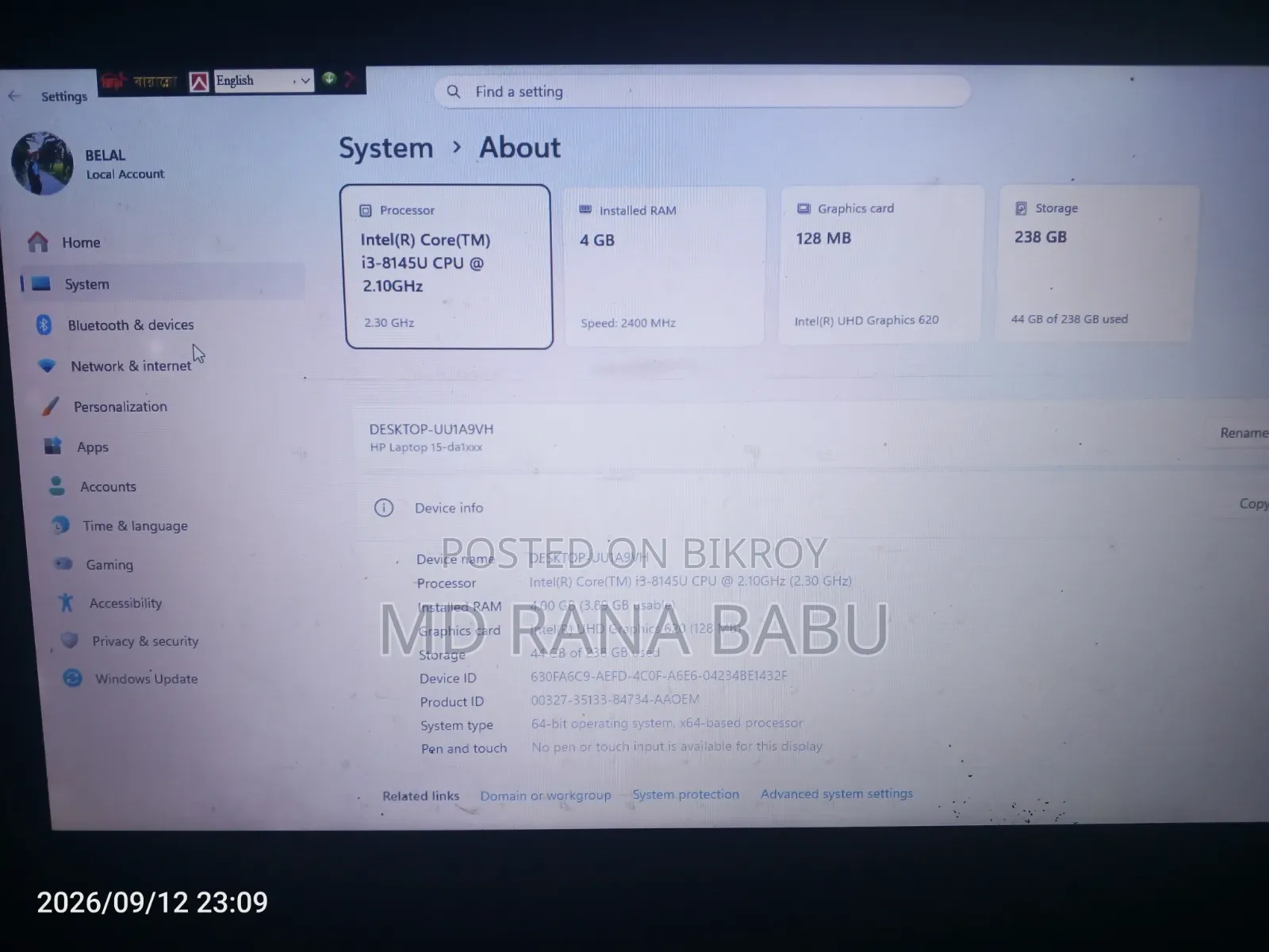 Laptop HP 15-da3007nia 4GB Intel Core i3 SSD 256GB