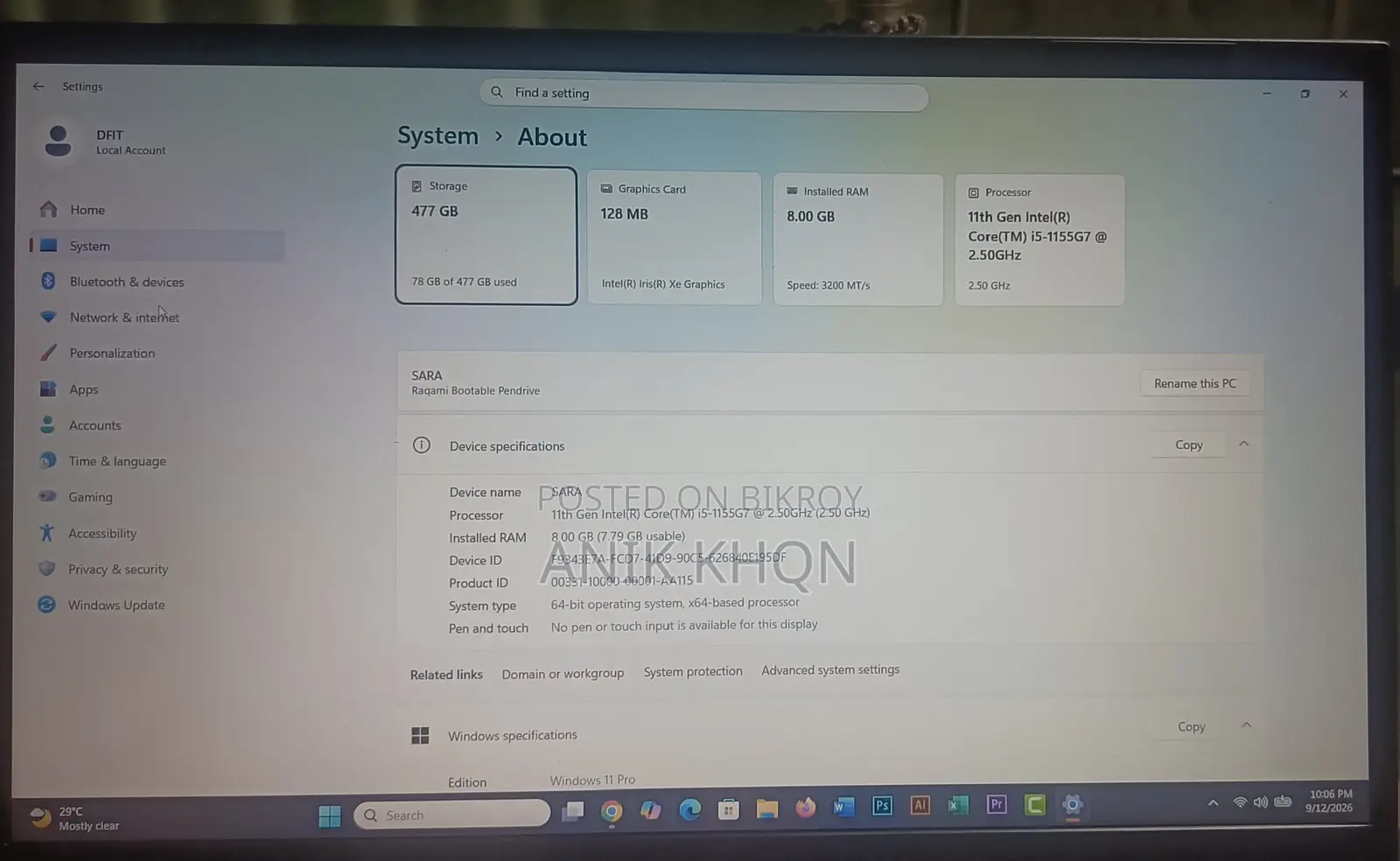Laptop 3XS 8GB Intel Core i5 SSD 512GB