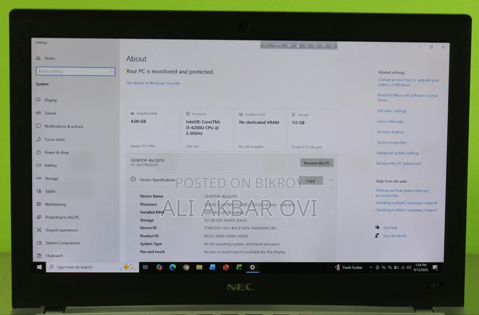 Laptop NEC 4GB Intel Core i5 SSD 128GB