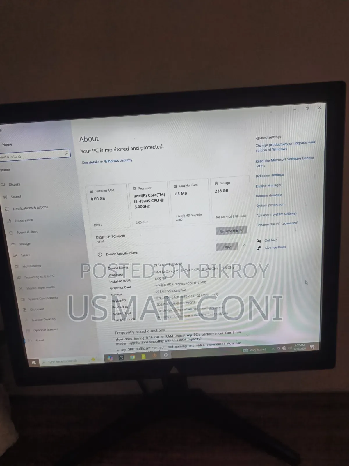 Desktop Computer 8GB RAM Intel Core i5 SSD 256GB
