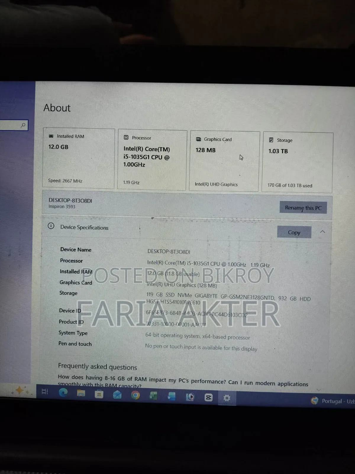 Laptop Dell Inspiron 15 3593 12GB Intel Core i5 HDD+SSD 1.5T