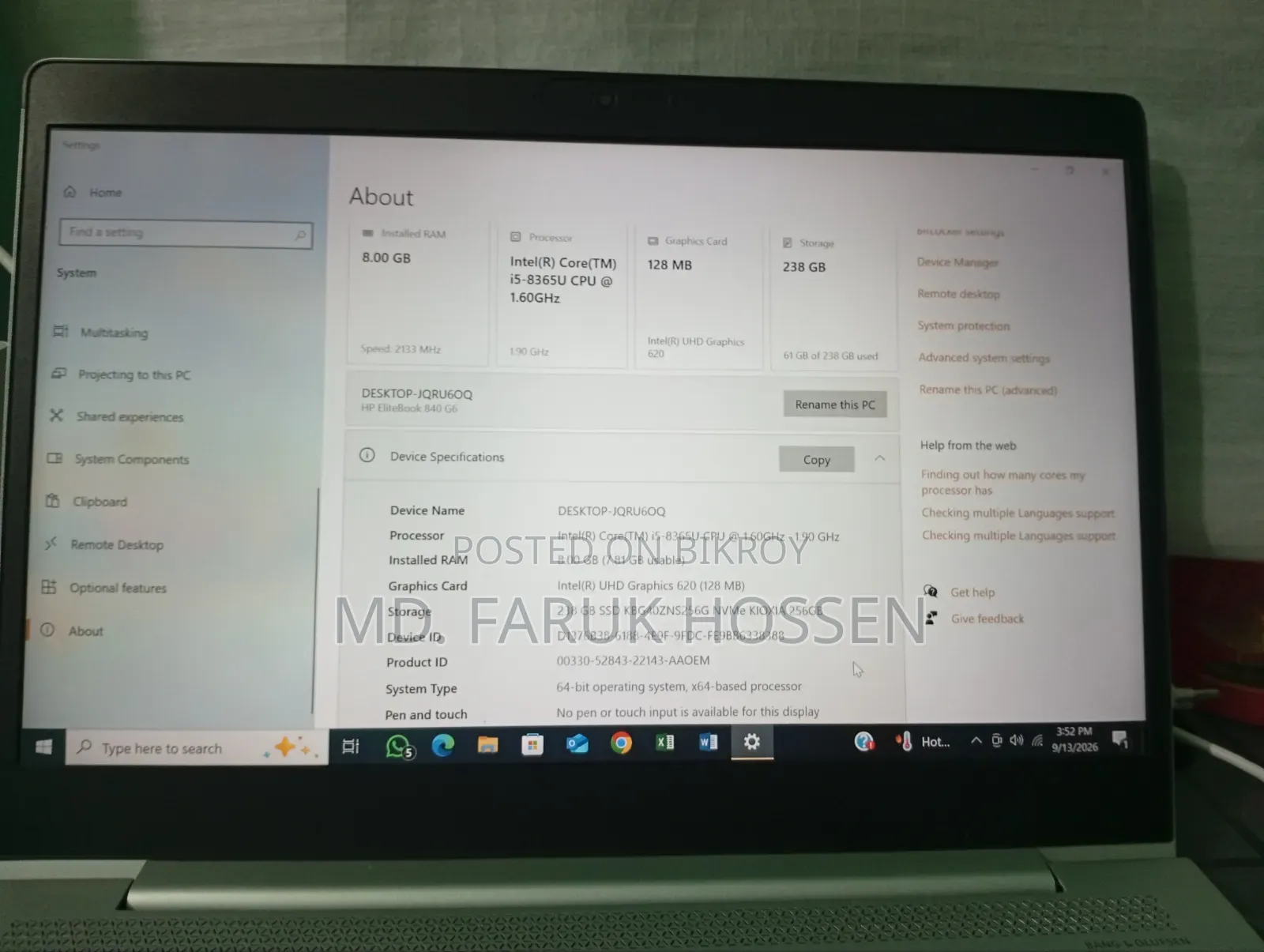 Laptop HP EliteBook 840 G6 8GB Intel Core i5 SSD 256GB