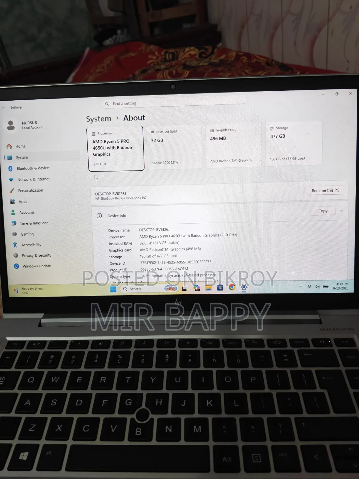 Laptop HP EliteBook 845 G7 32GB AMD Ryzen 5 SSD 500GB