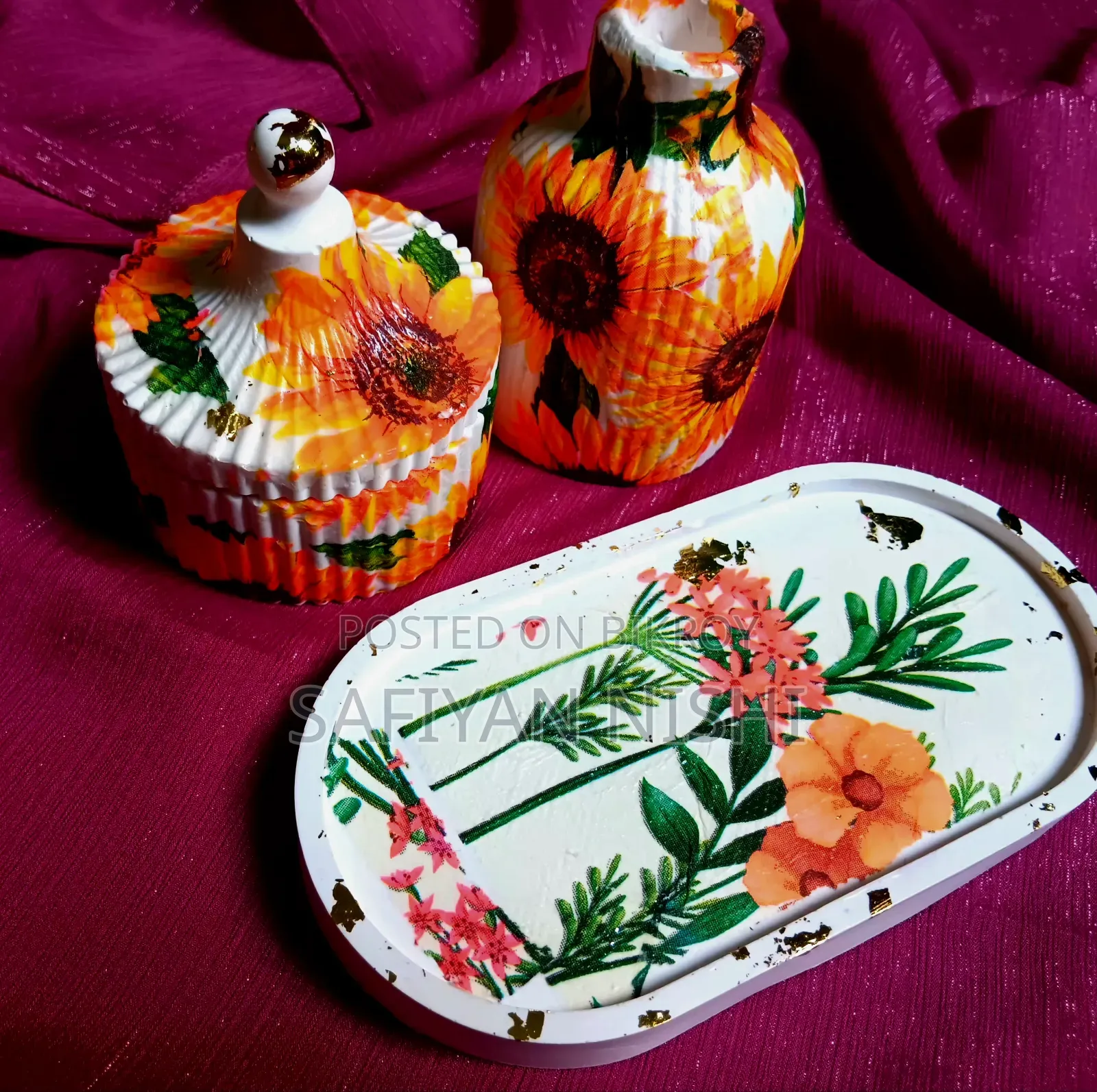 🌻 Handmade Gypsum Home Decor Set | Decorative Tray & Vase