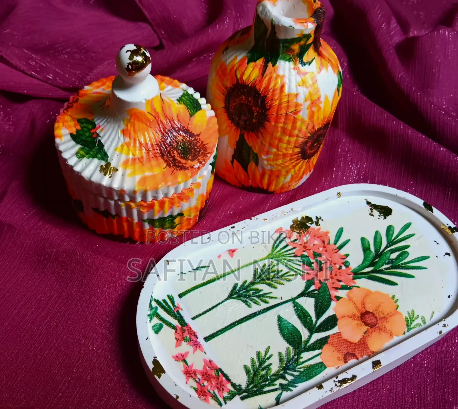🌻 Handmade Gypsum Home Decor Set | Decorative Tray & Vase