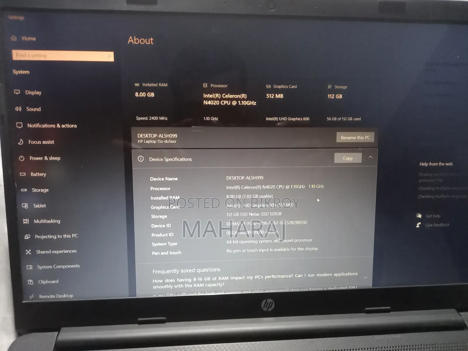 Laptop HP 15s 8GB Intel Celeron SSD 128GB