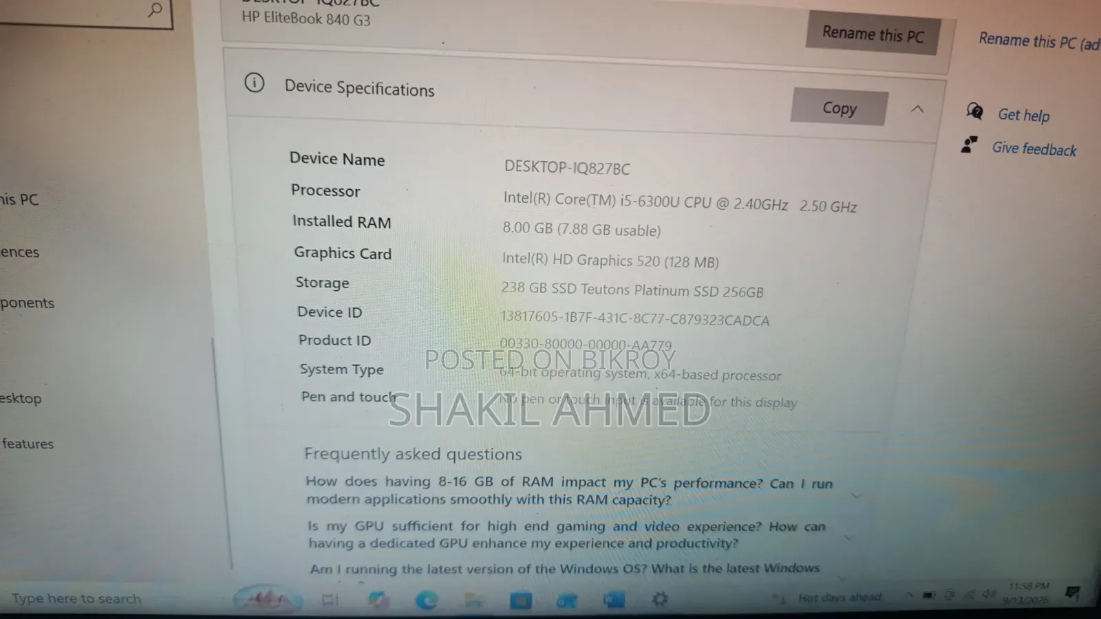 Laptop HP EliteBook 840 G3 8GB Intel Core i5 HDD+SSD 256GB