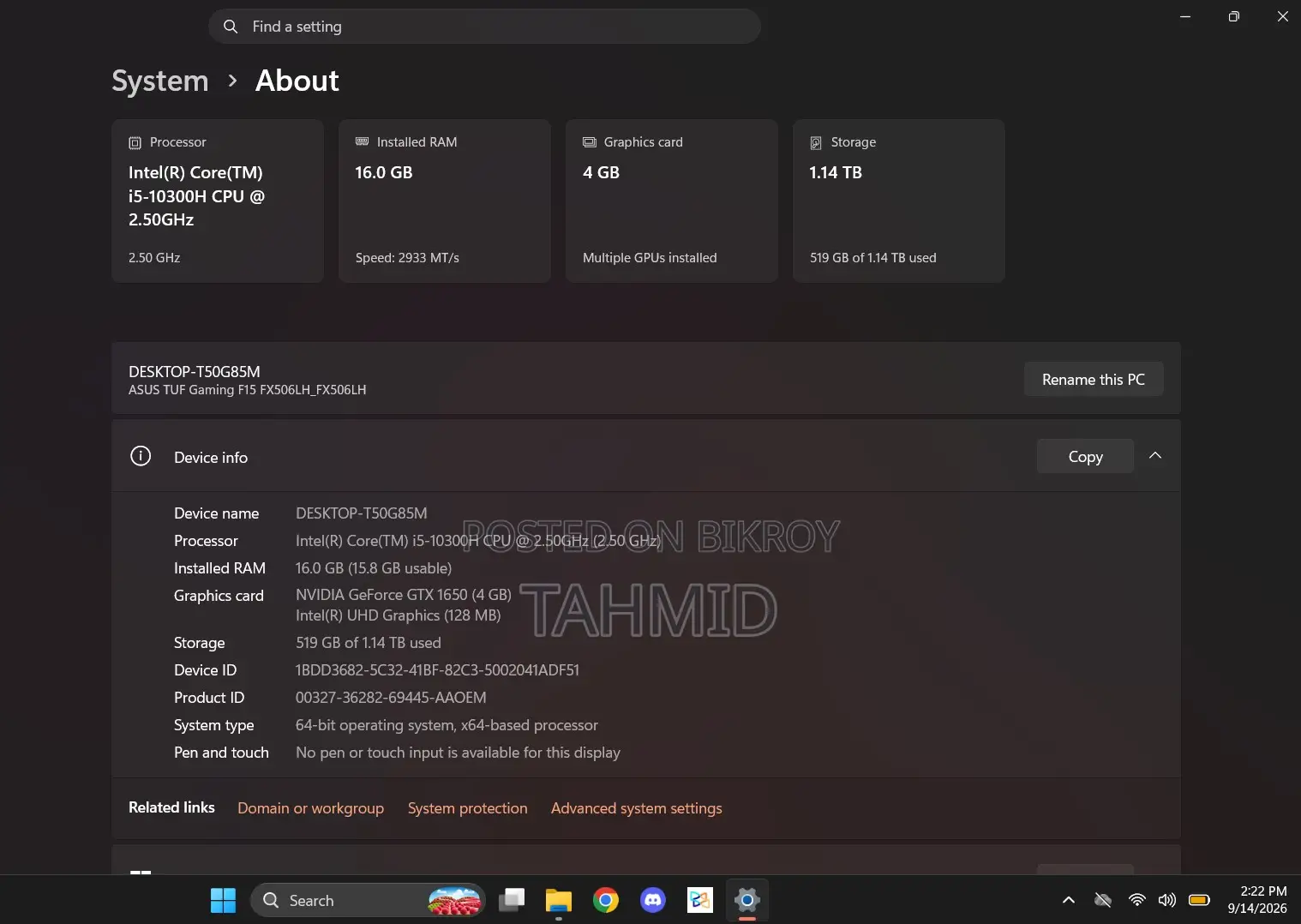 Laptop Asus TUF Gaming F15 16GB Intel Core i5 HDD+SSD 1T