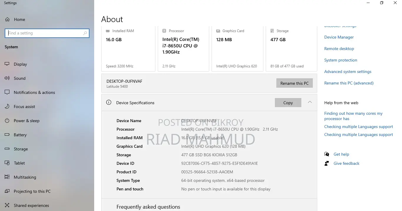 Dell Latitude 5400 Laptop 16GB Intel Core i7 500GB SSD
