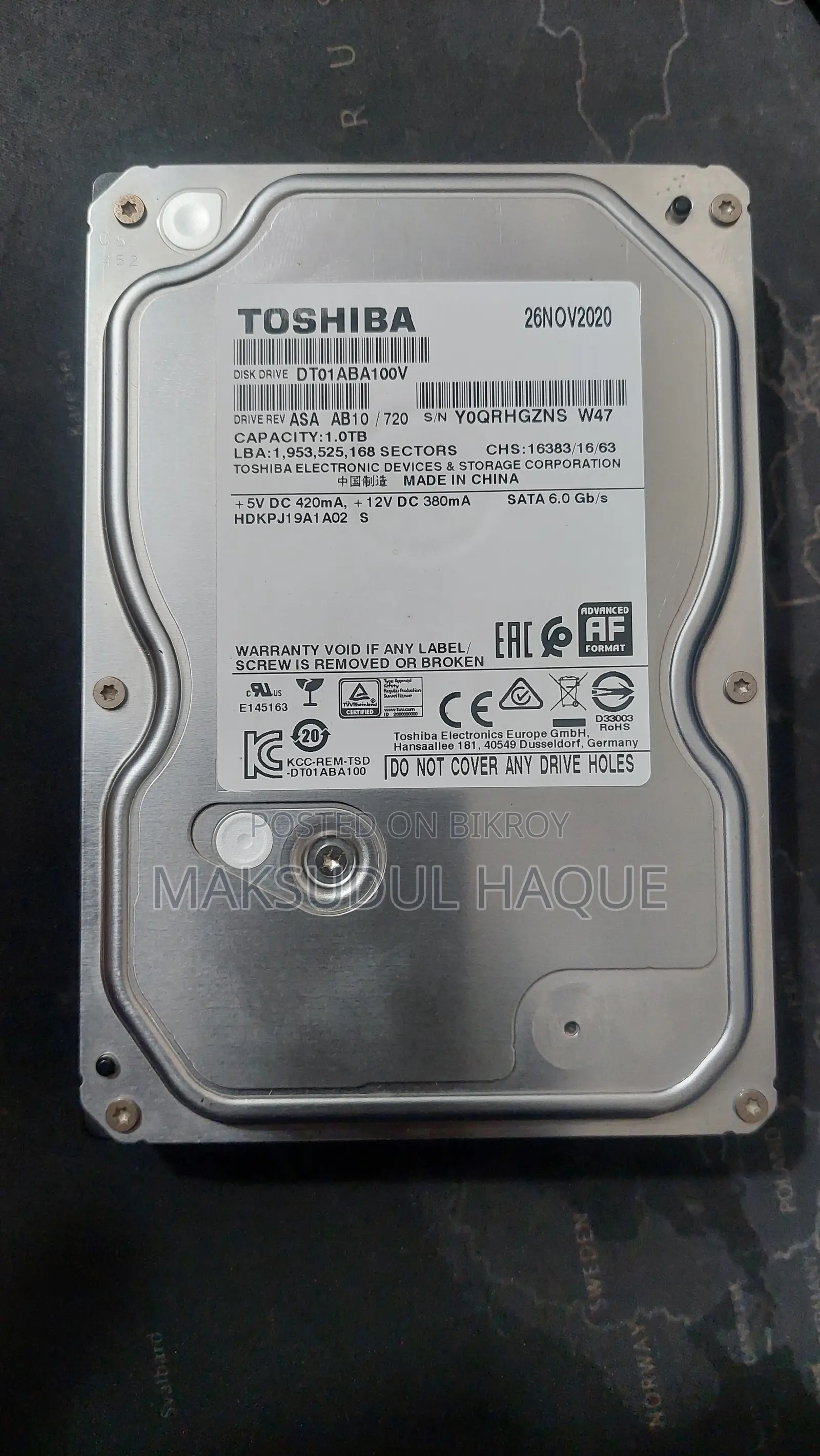 Toshiba 1TB HDD | DT01ABA100V | 100% Health | Fresh Condition