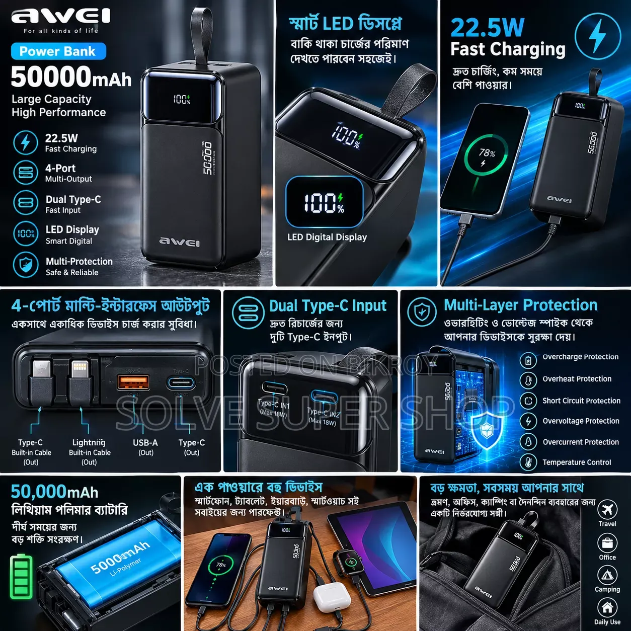 🔋 Awei 50,000mAh Power Bank – Massive Power, Fast Charging