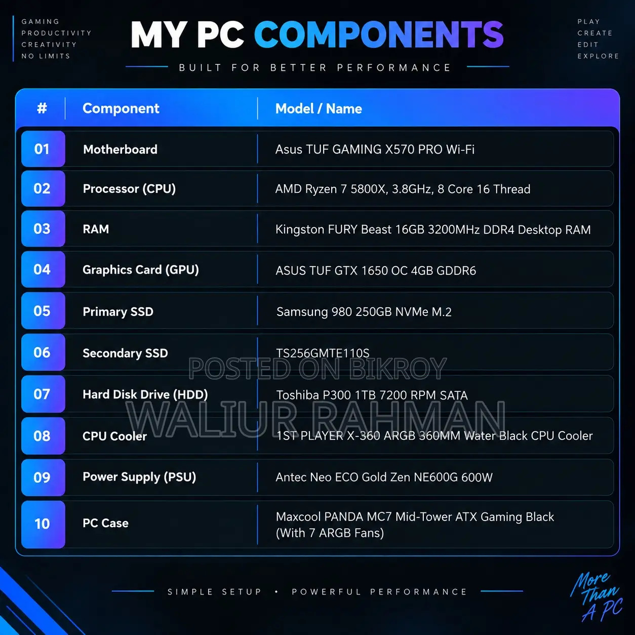 Desktop Computer 16GB AMD Ryzen 7 HDD 1T
