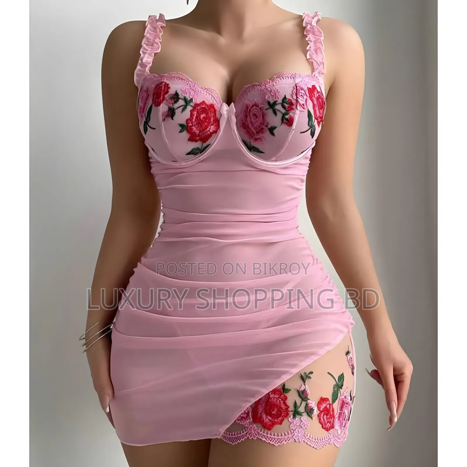 Women’s Floral Embroidery Mesh Bodycon Mini Dress