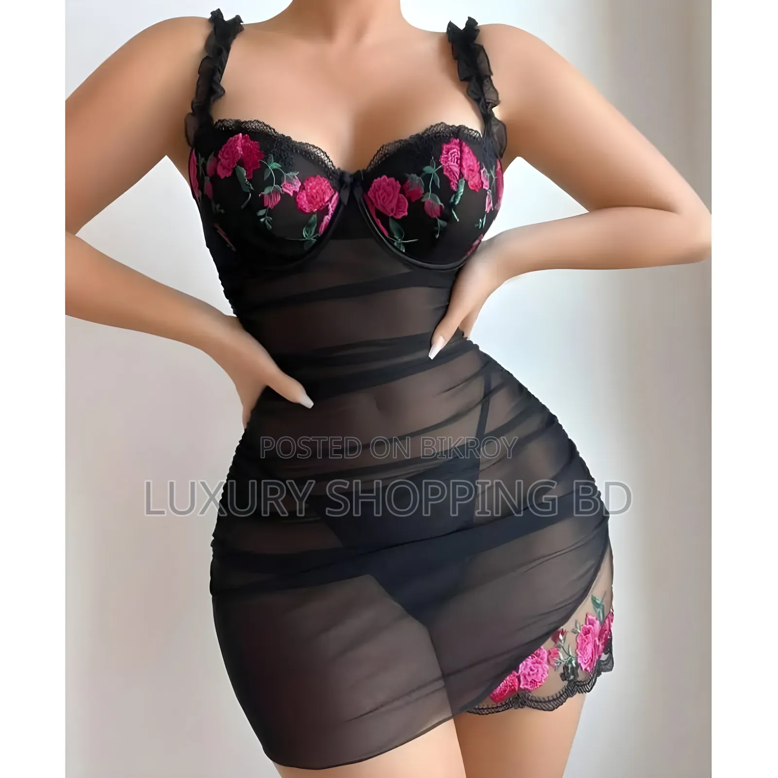 Women’s Floral Embroidery Mesh Bodycon Mini Dress