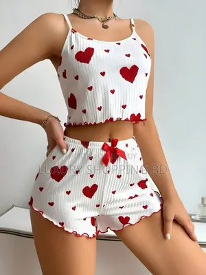 Women’s Heart Print Ribbed Cami Top & Shorts 2 Piece Nightwear Set