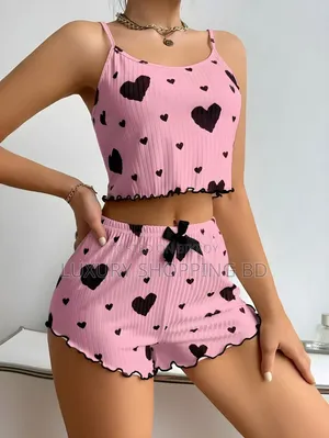 Women’s Heart Print Ribbed Cami Top & Shorts 2 Piece Nightwear Set