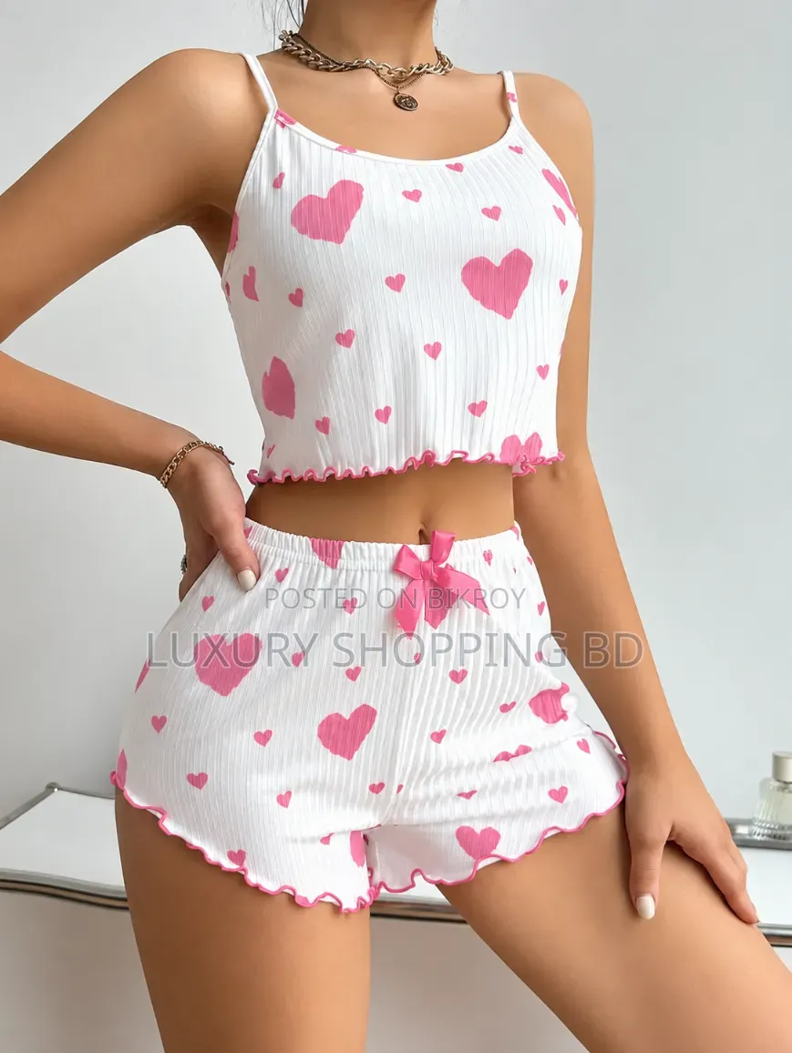 Women’s Heart Print Ribbed Cami Top & Shorts 2 Piece Nightwear Set