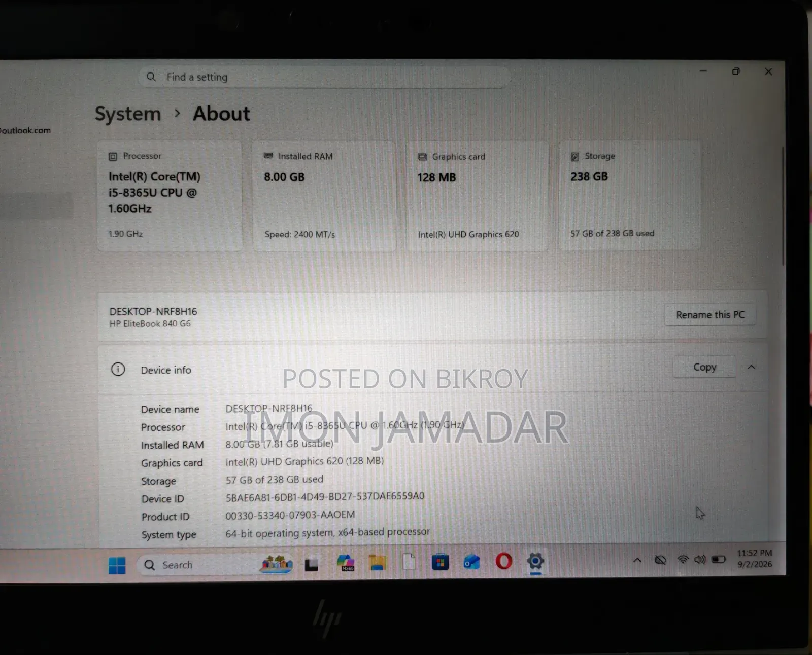 Laptop HP EliteBook 840 G5 8GB Intel Core i5 SSD 256GB