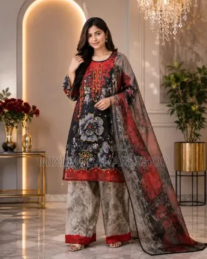 Premium Black-Red Organza Party Three-Piece