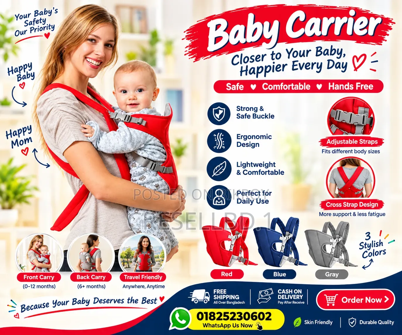 3-in-1 Adjustable Baby Carrier (Safe, Comfortable & Hands Free)