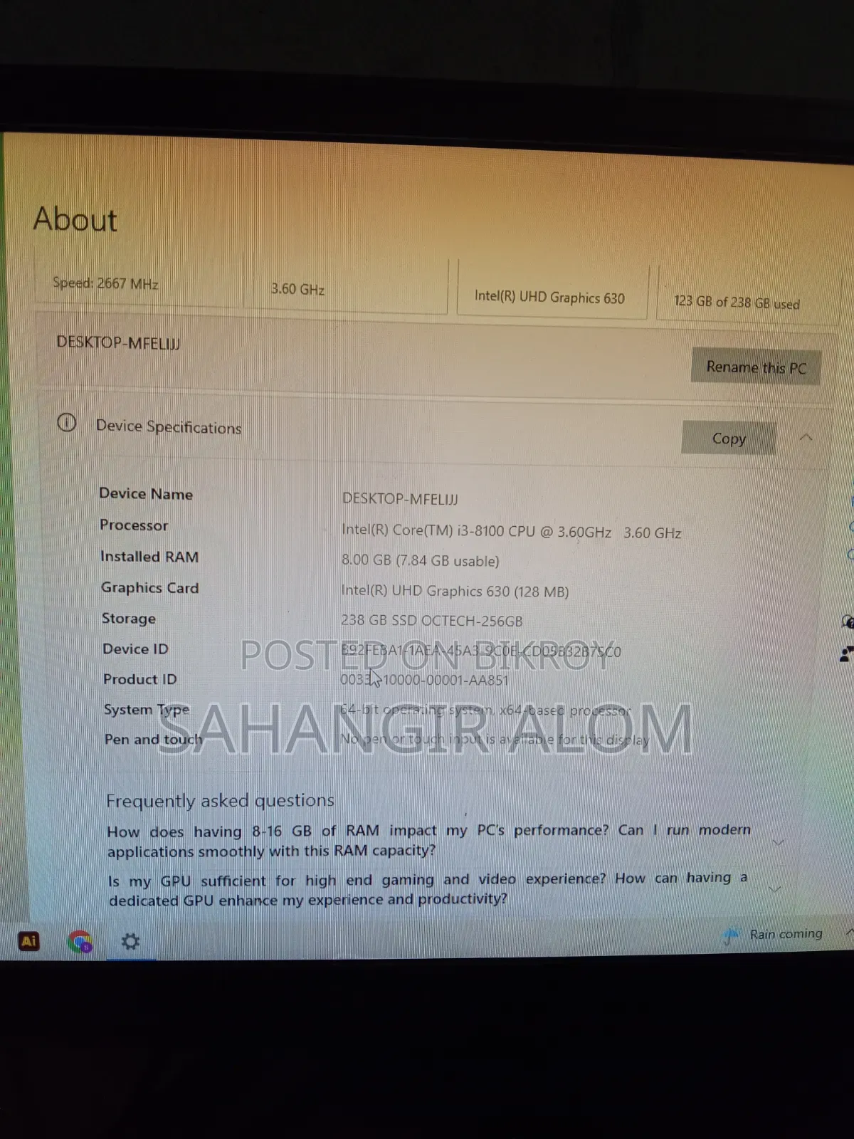 Desktop Computer 8GB Intel Core i3 SSD 256GB