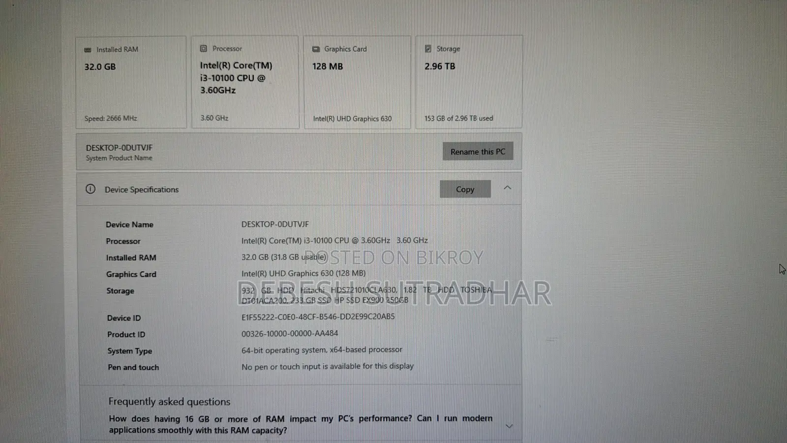 Desktop Computer Asus 32GB Intel Core i3 HDD+SSD 3T