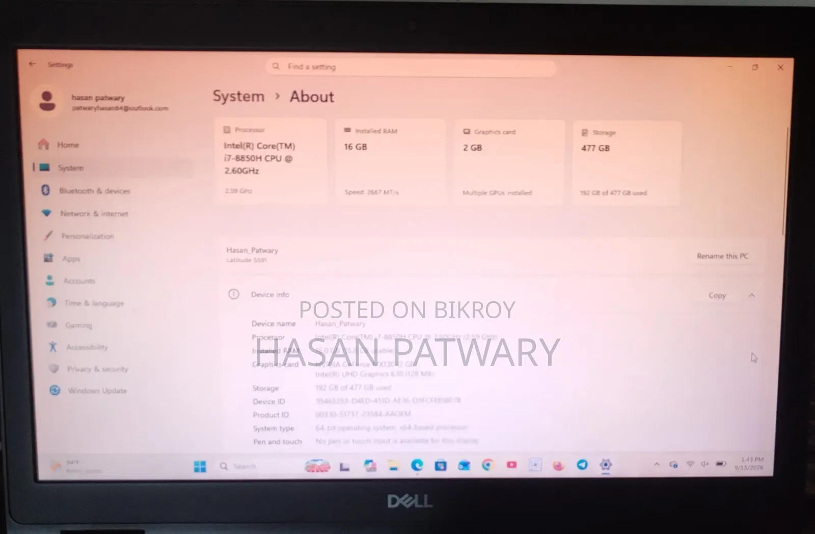 Laptop Dell Latitude 5591 16GB Intel Core i7 SSD 500GB