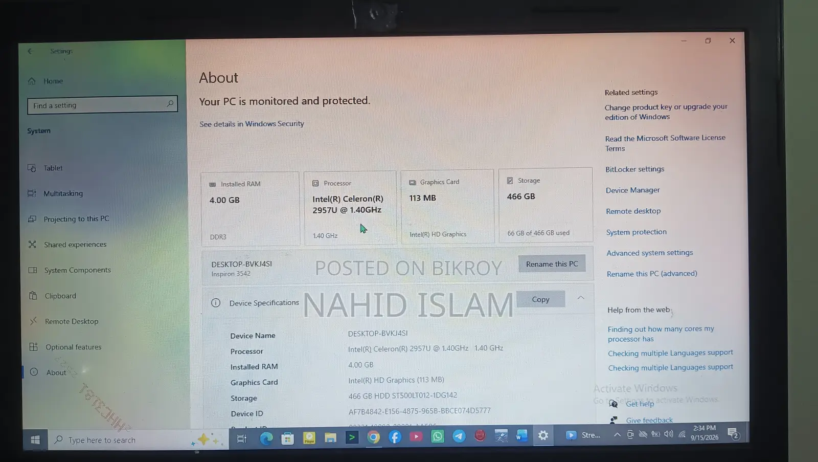 Laptop Dell Inspiron 3542 4GB Intel Core i3 SSD 500GB