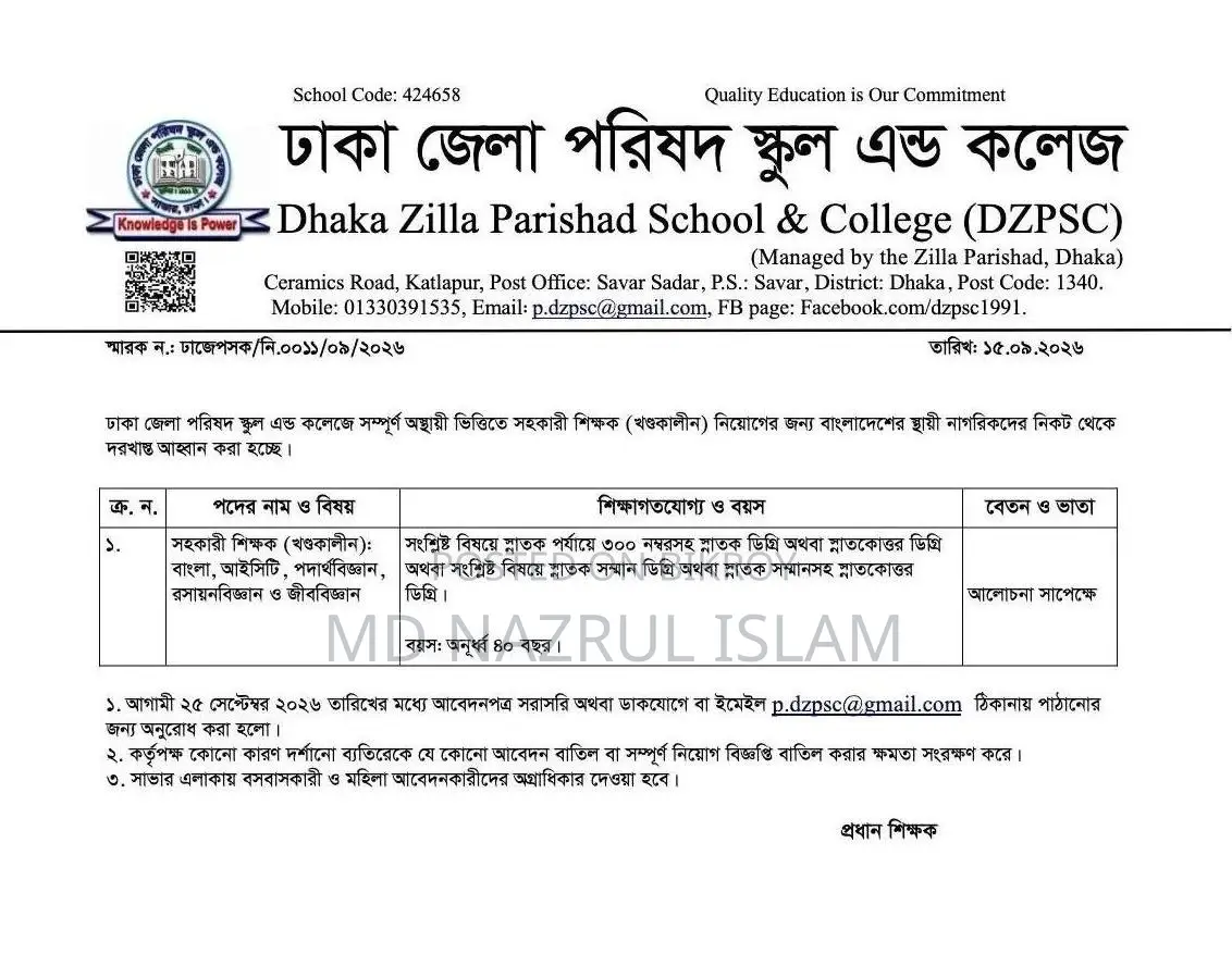 সহকারী শিক্ষক (বাংলা, আইসিটি, পদার্থবিজ্ঞান, রসায়ন, জীববিজ্ঞান)