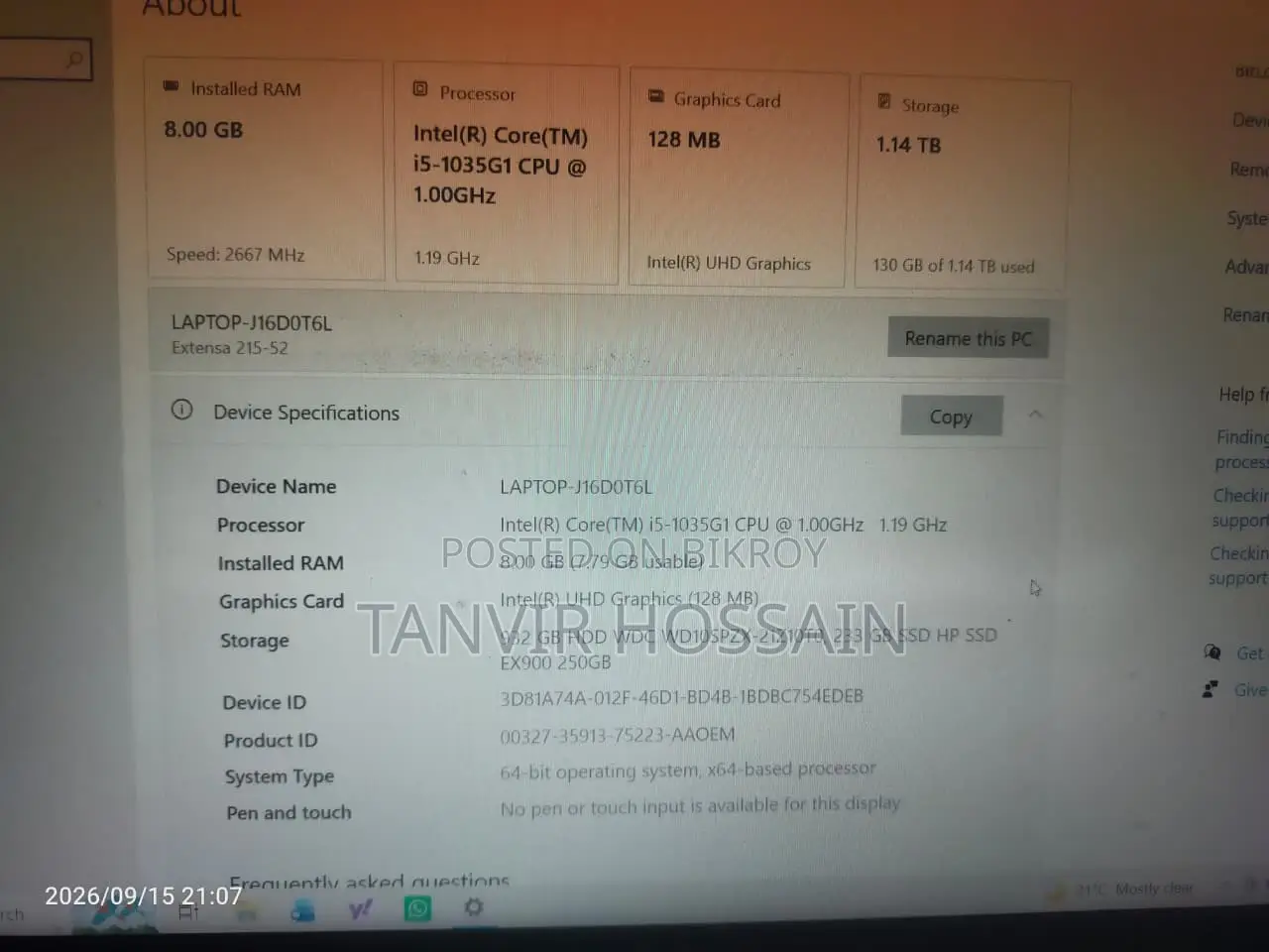 Laptop Acer Extensa 215 8GB Intel Core i5 HDD+SSD 1T