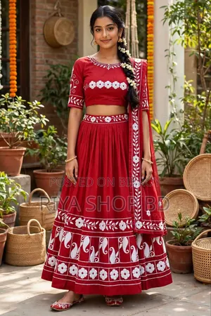 লাল সাদা হাতের কাজের সুতি লেহেঙ্গা চোলি - Riya Shop