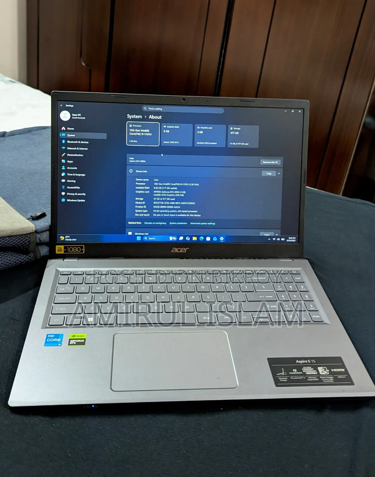 ল্যাপটপ Acer Aspire 5 ৮জিবি ইন্টেল কোর আই৫ এসএসডি ৫১২জিবি