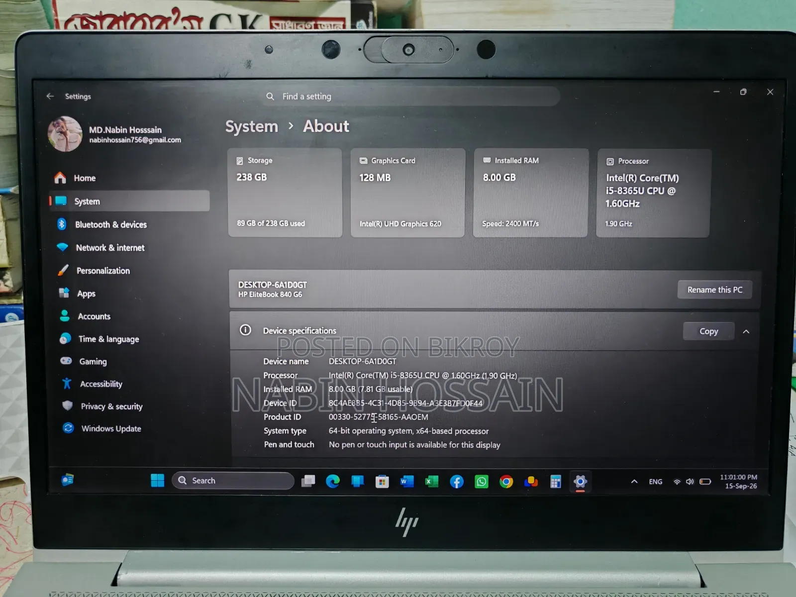 Laptop HP EliteBook 840 G6 8GB Intel Core i5 SSD 256GB