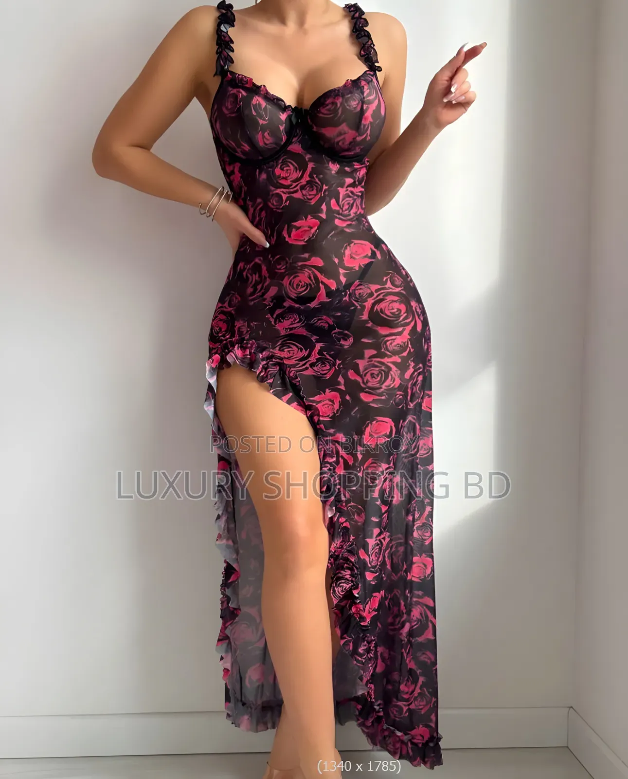 Women’s Floral Lace Nightdress – Elegant Rose Print Lingerie Sleepwear