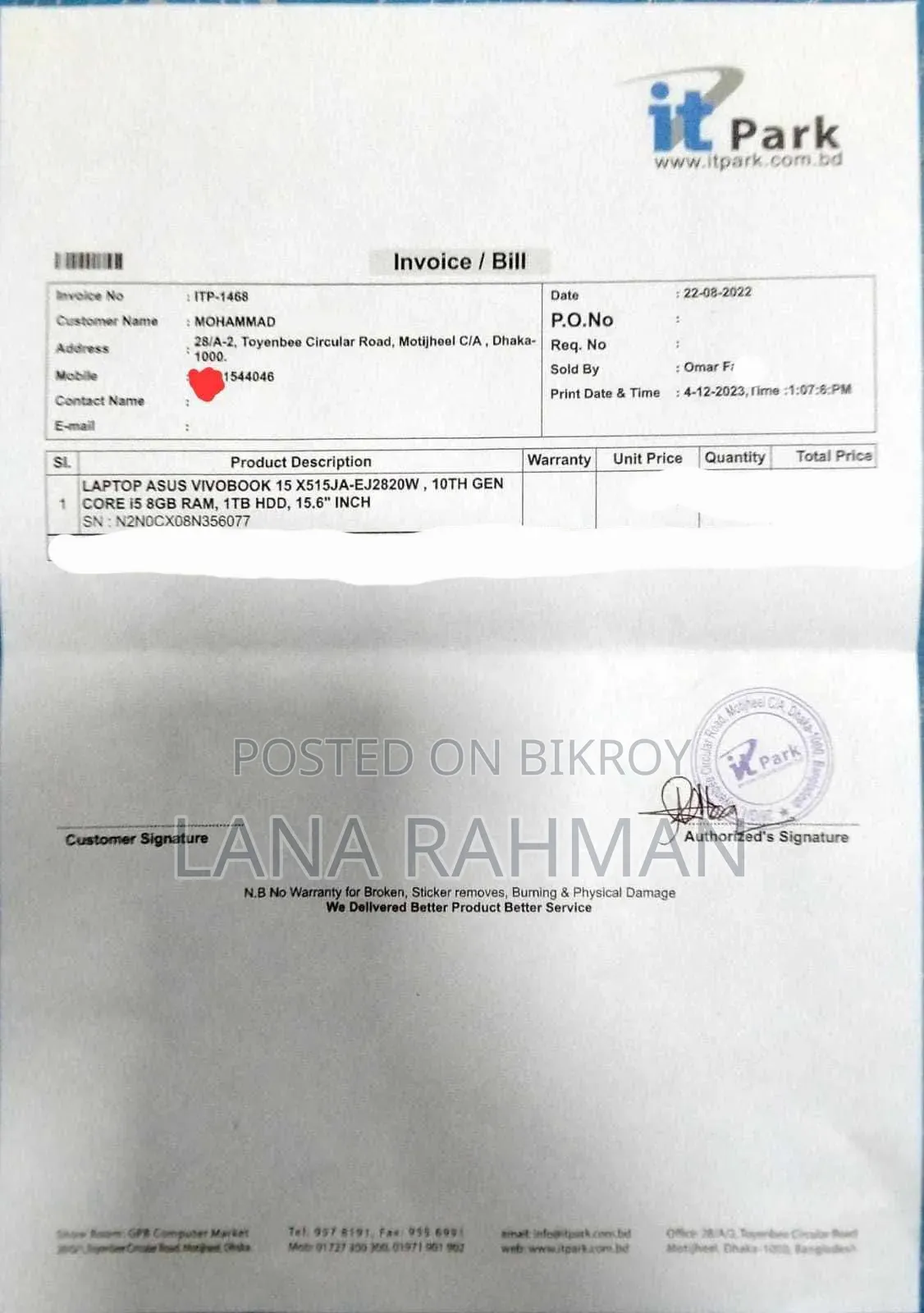 Laptop Asus Vivobook 15 8GB Intel Core i5 HDD 1T