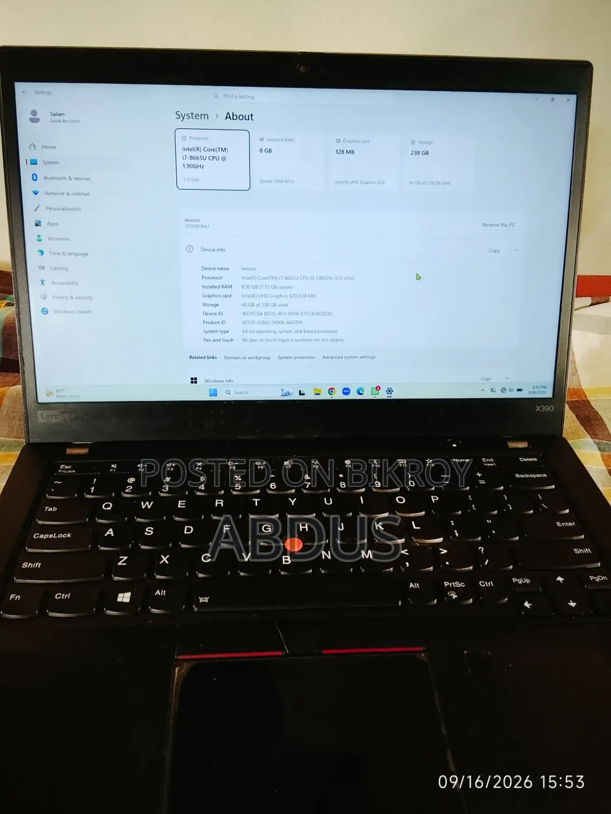 Laptop Lenovo ThinkPad X390 8GB Intel Core i7 SSD 256GB