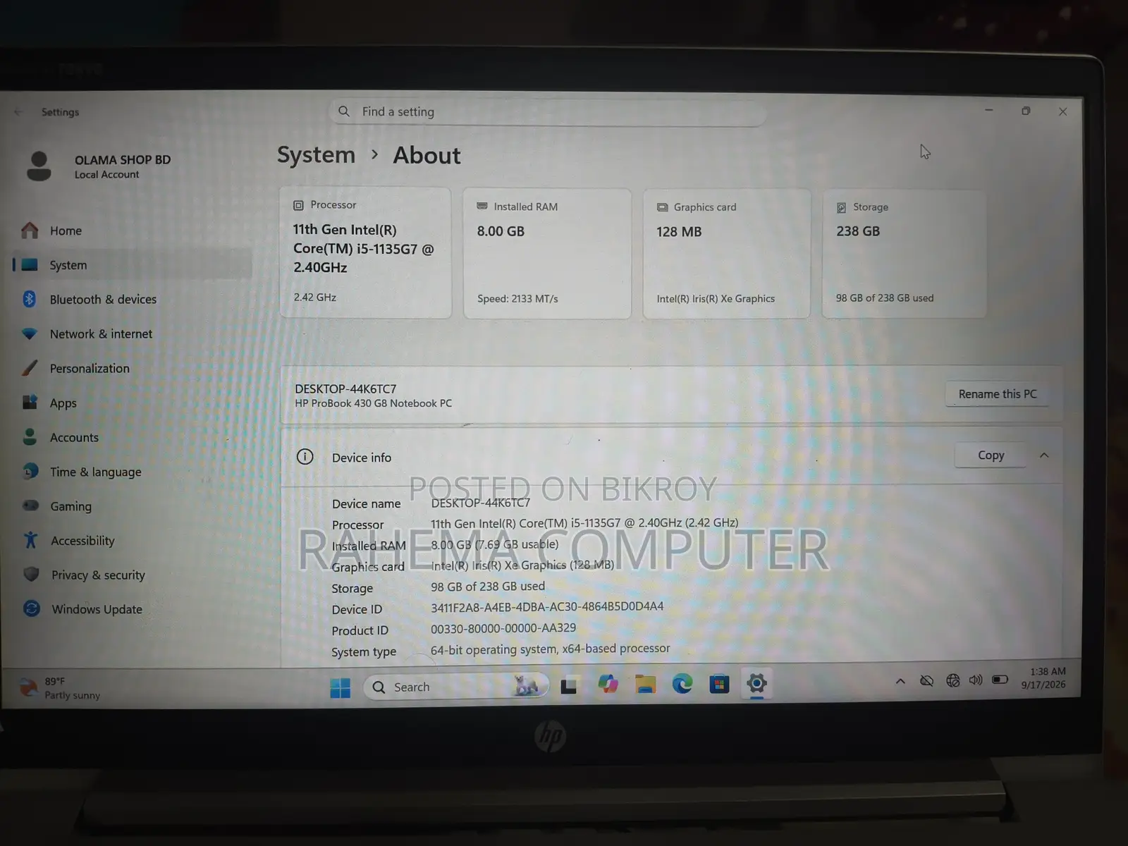 ল্যাপটপ HP ProBook 430 ৮জিবি ইন্টেল কোর i5 এসএসডি ২৫৬জিবি