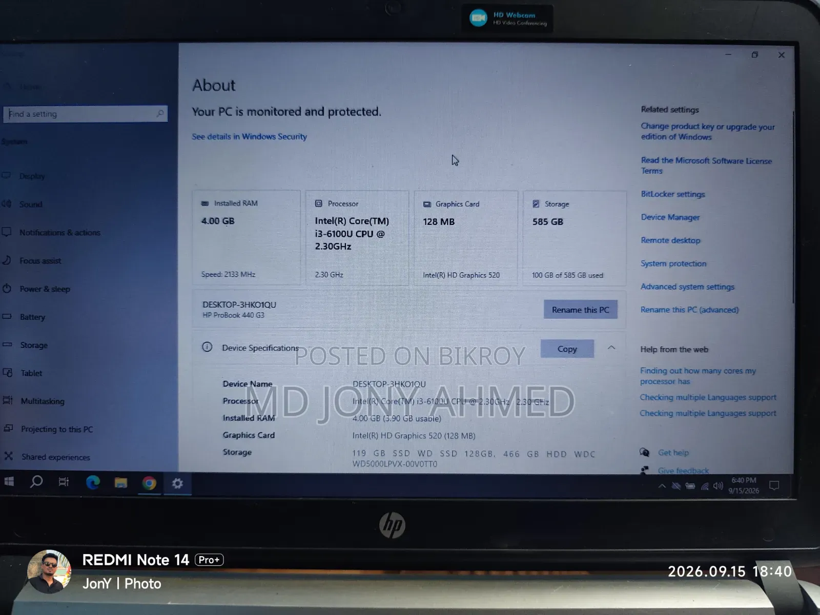 Laptop HP ProBook 440 G3 4GB Intel Core i3 HDD+SSD 500GB