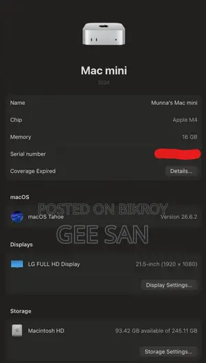 Desktop Computer Apple Mac Mini M4 16GB Apple M4 SSD 256GB