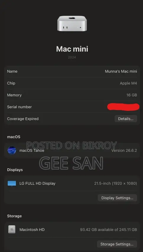 Desktop Computer Apple Mac Mini M4 16GB Apple M4 SSD 256GB