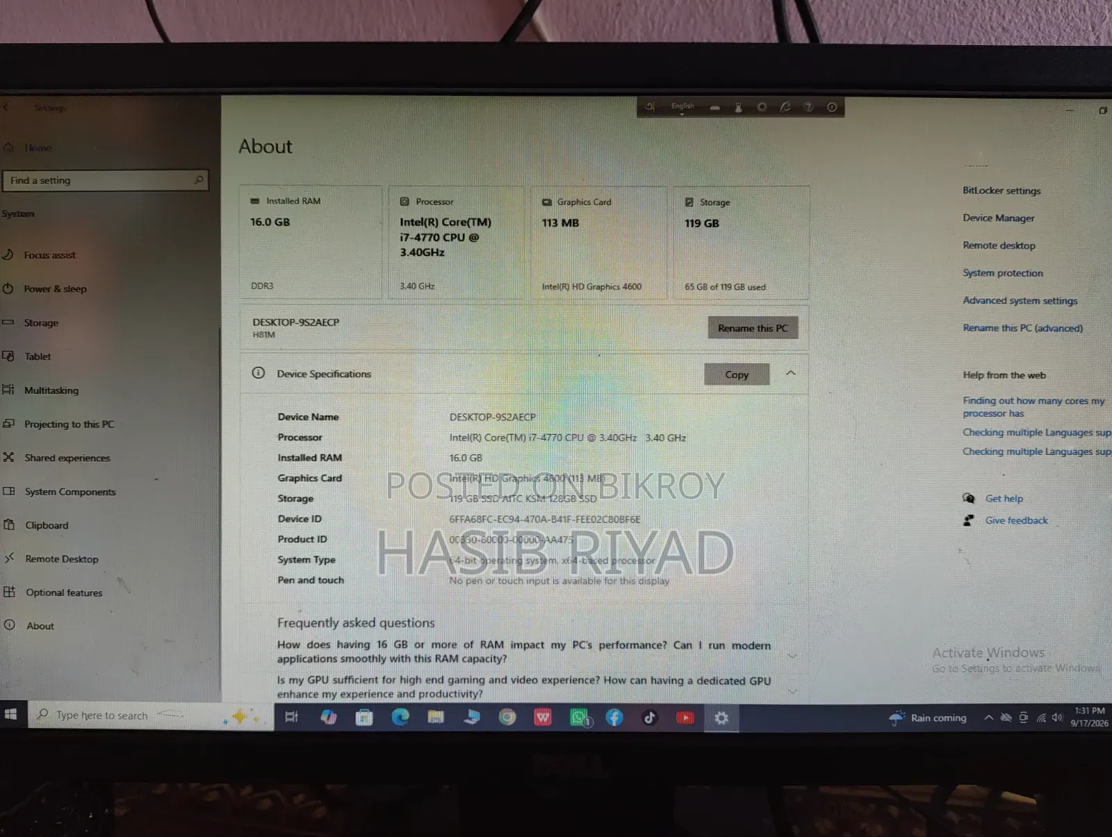 Desktop Computer 16GB Intel Core i7 SSD 128GB