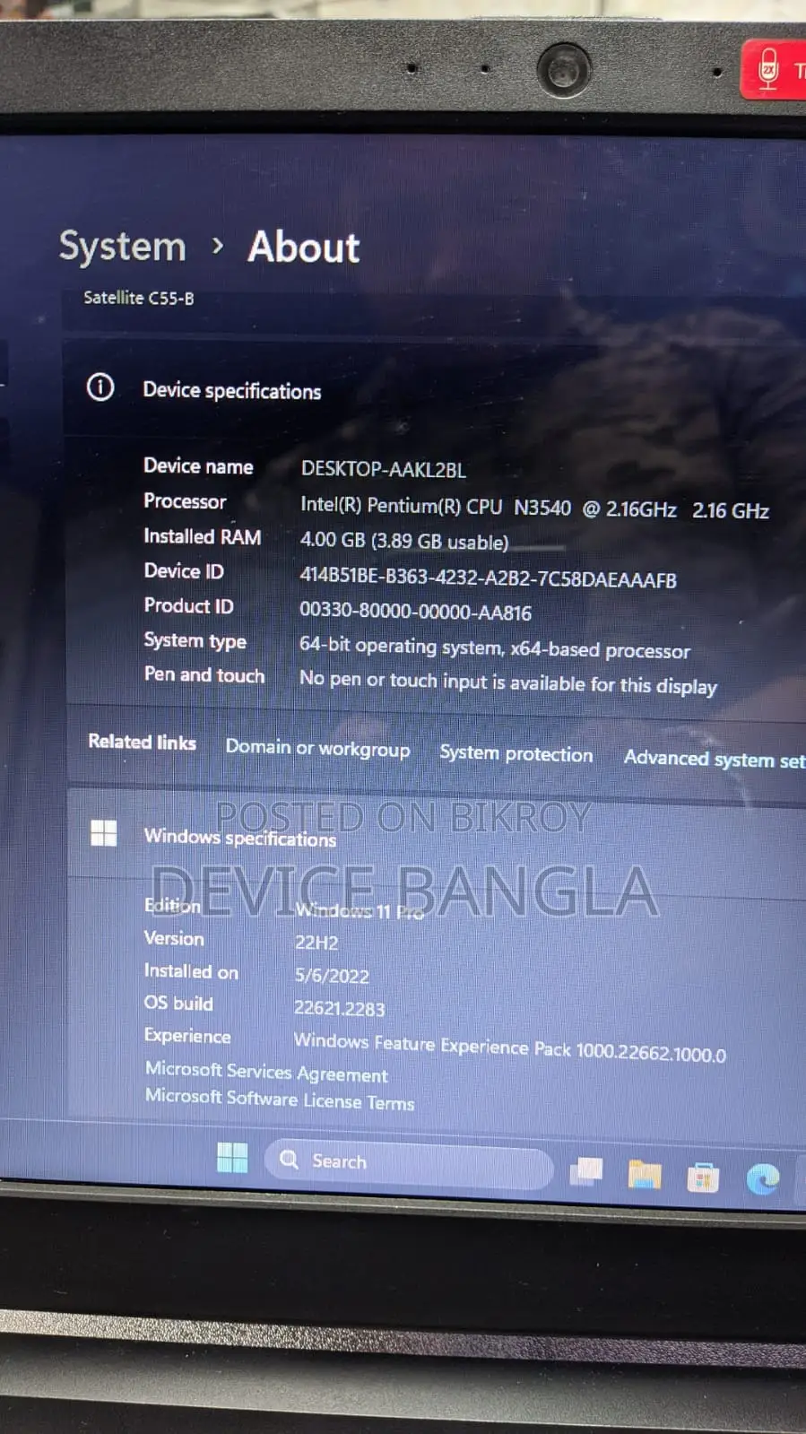 Laptop Toshiba Satellite C55 4GB Intel Pentium HDD 500GB