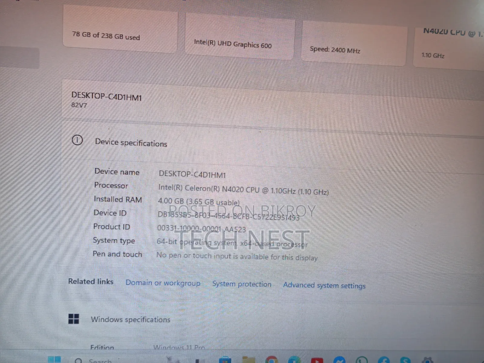 Laptop Lenovo IdeaPad 1 4GB Intel Celeron SSD 256GB