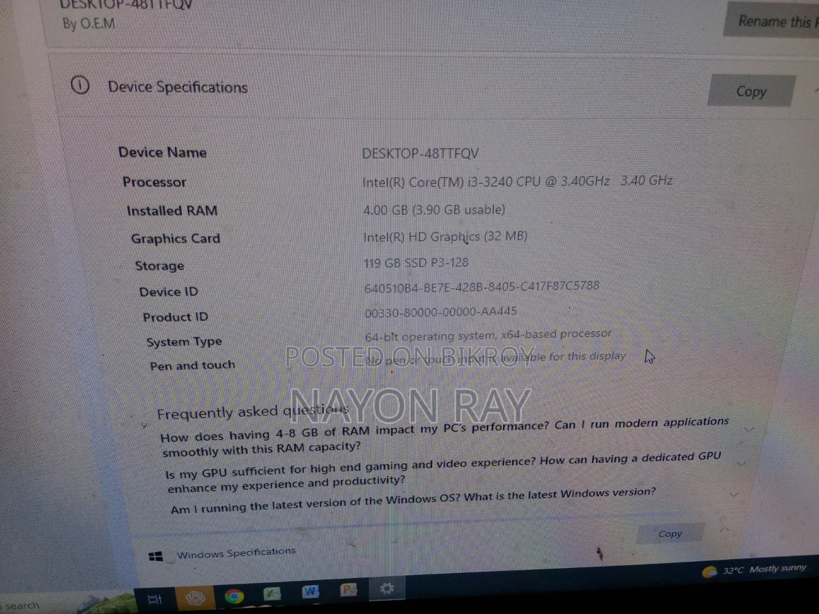 Desktop Computer Gigabyte 4GB Intel Core i3 SSD 128GB