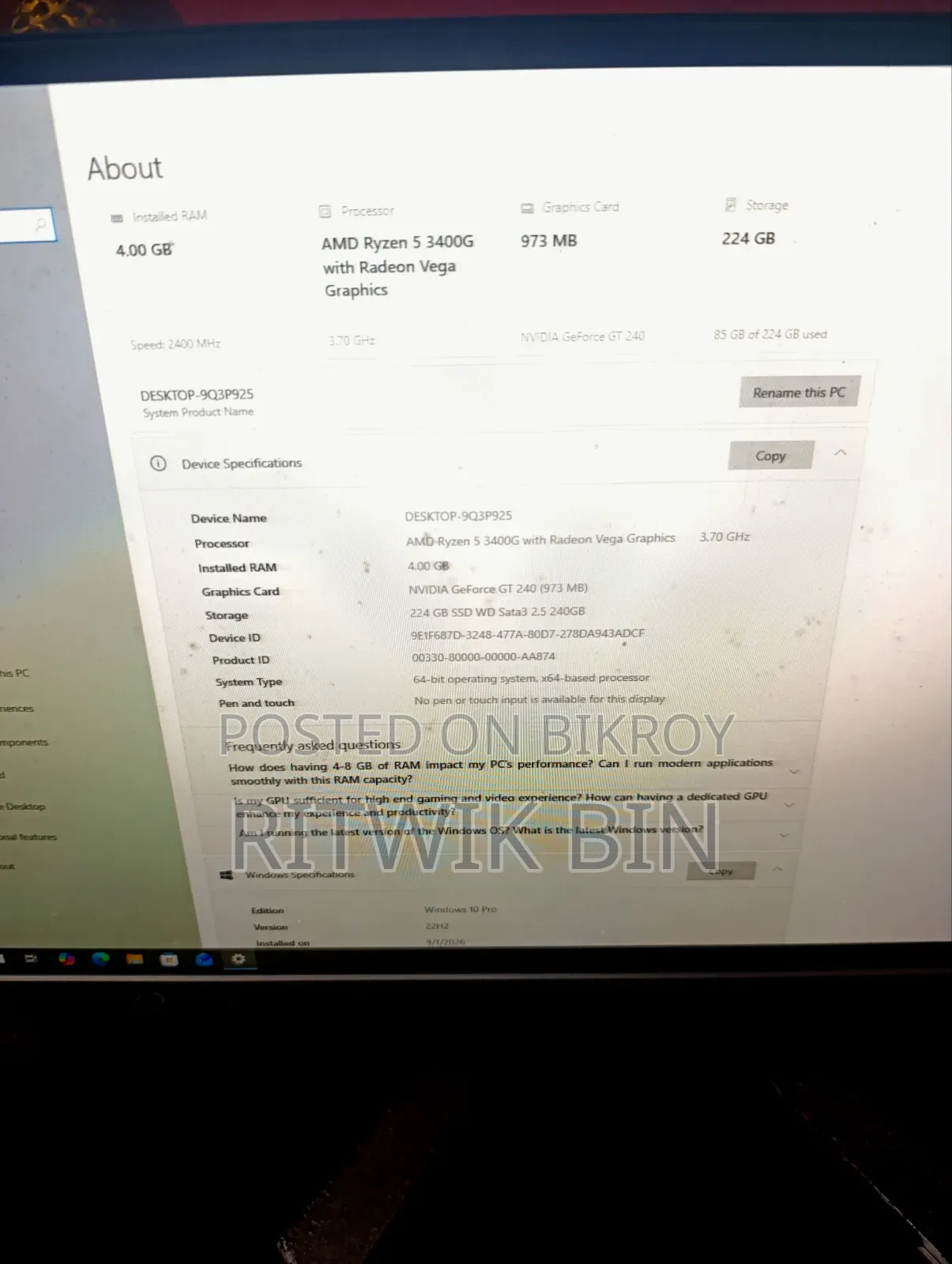 Desktop Computer 4GB AMD Ryzen 3 SSD 256GB