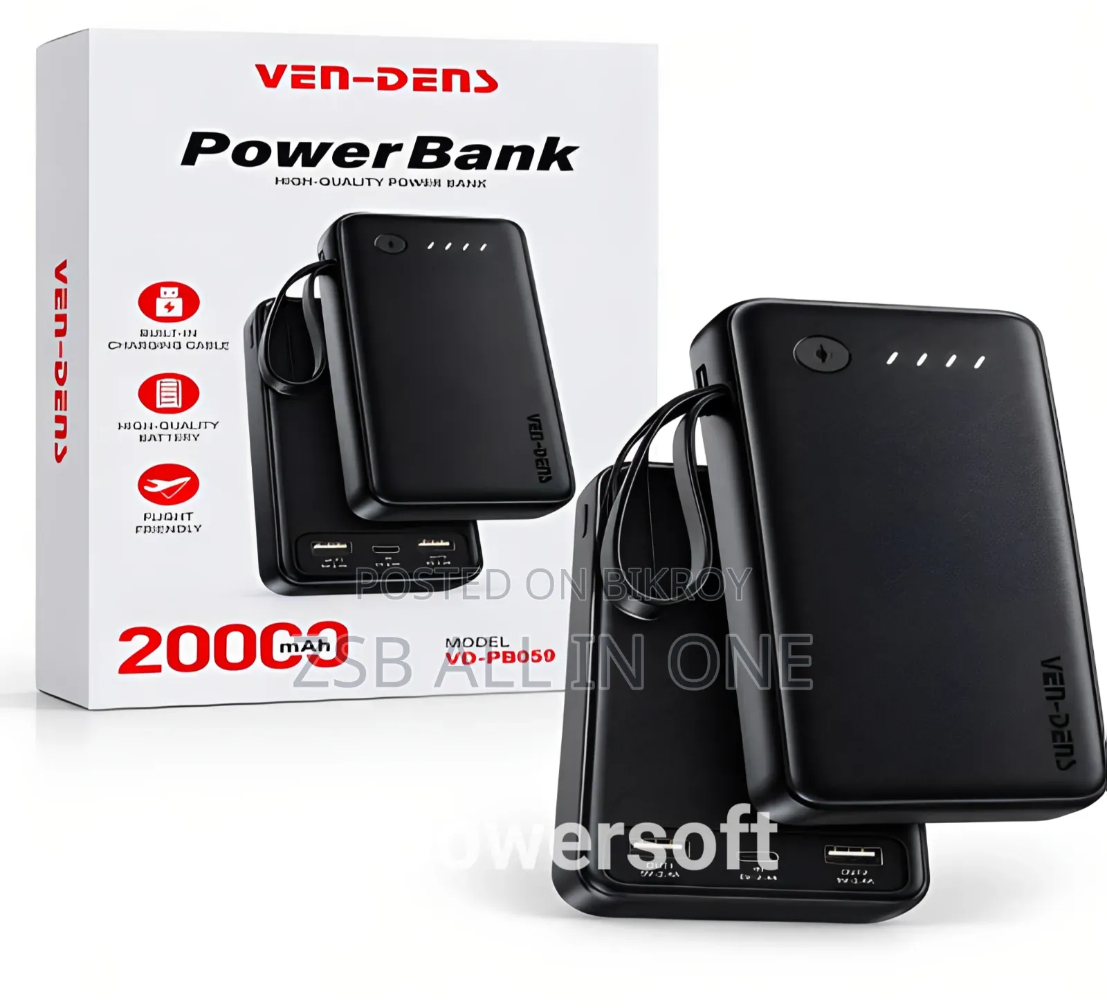 VEN-DENS VD-PB059 20000mAh Power Bank With Built-in Charging Cables