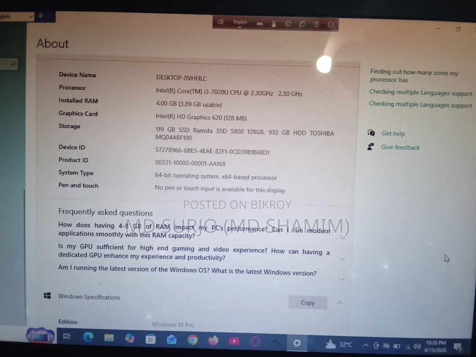 Laptop HP 4GB Intel Core i3 HDD+SSD 1TB