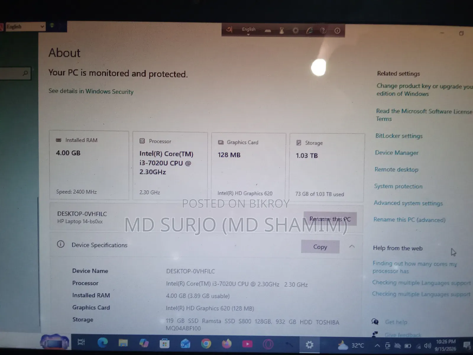 Laptop HP 4GB Intel Core i3 HDD+SSD 1TB